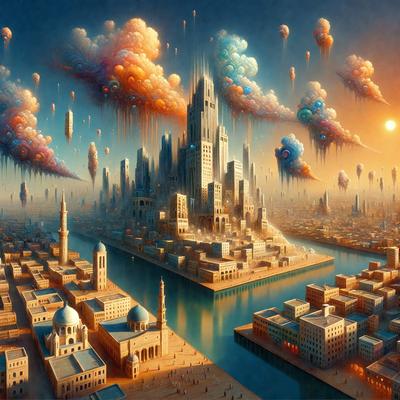 The primary subject of the image is a futuristic cityscape with a large, intricate building and a river running through it. The setting is a city with a mix of old and new architecture, and the visual style is a combination of digital art and illustration. The colors and mood of the image are vibrant and lively, with a sense of wonder and imagination.